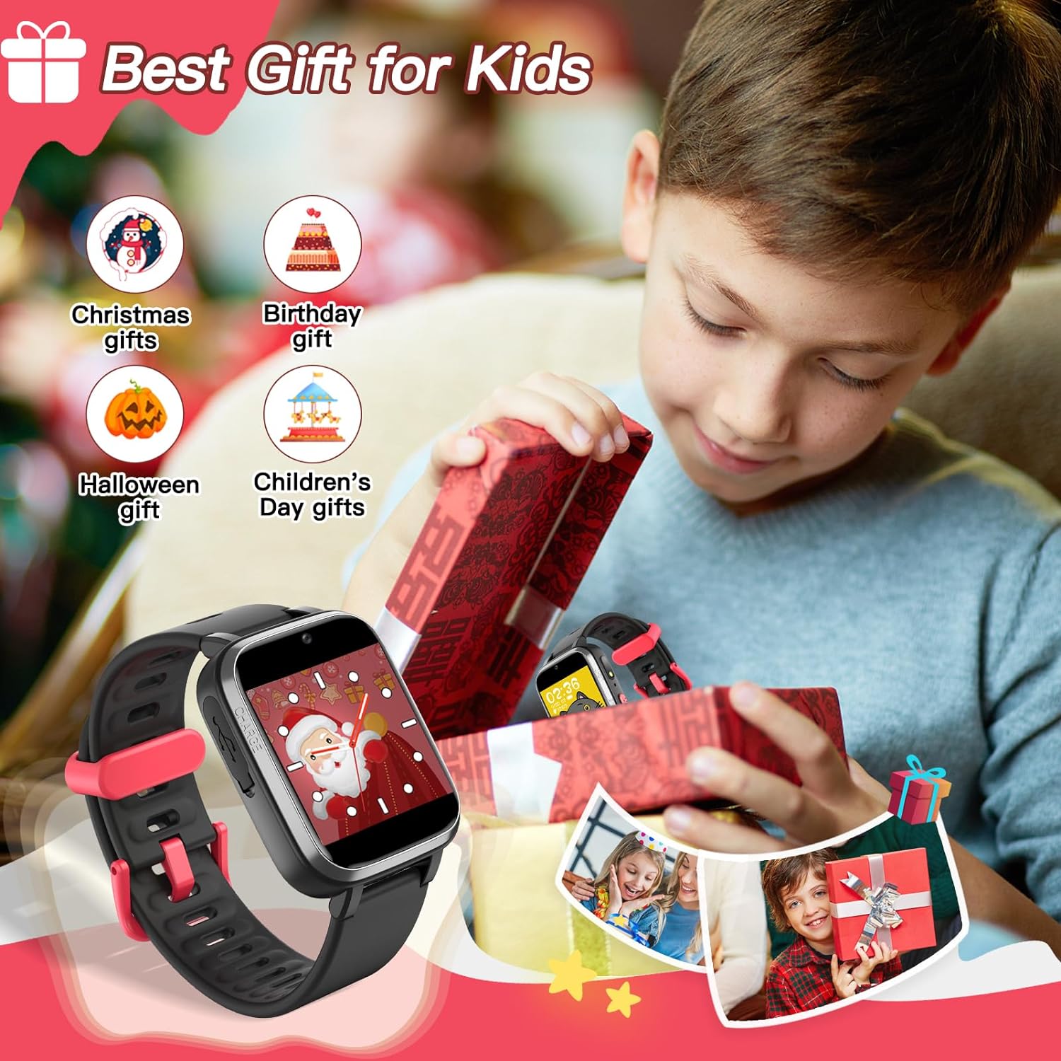 Butele Kids Games Smartwatch MP3 Player Music Watch, Kids Smart Watch with 16 Games, Flashlight,Alarm Clock, Camera, Kids Watch Birthday Gift for Boys Girls 4-16（Black）