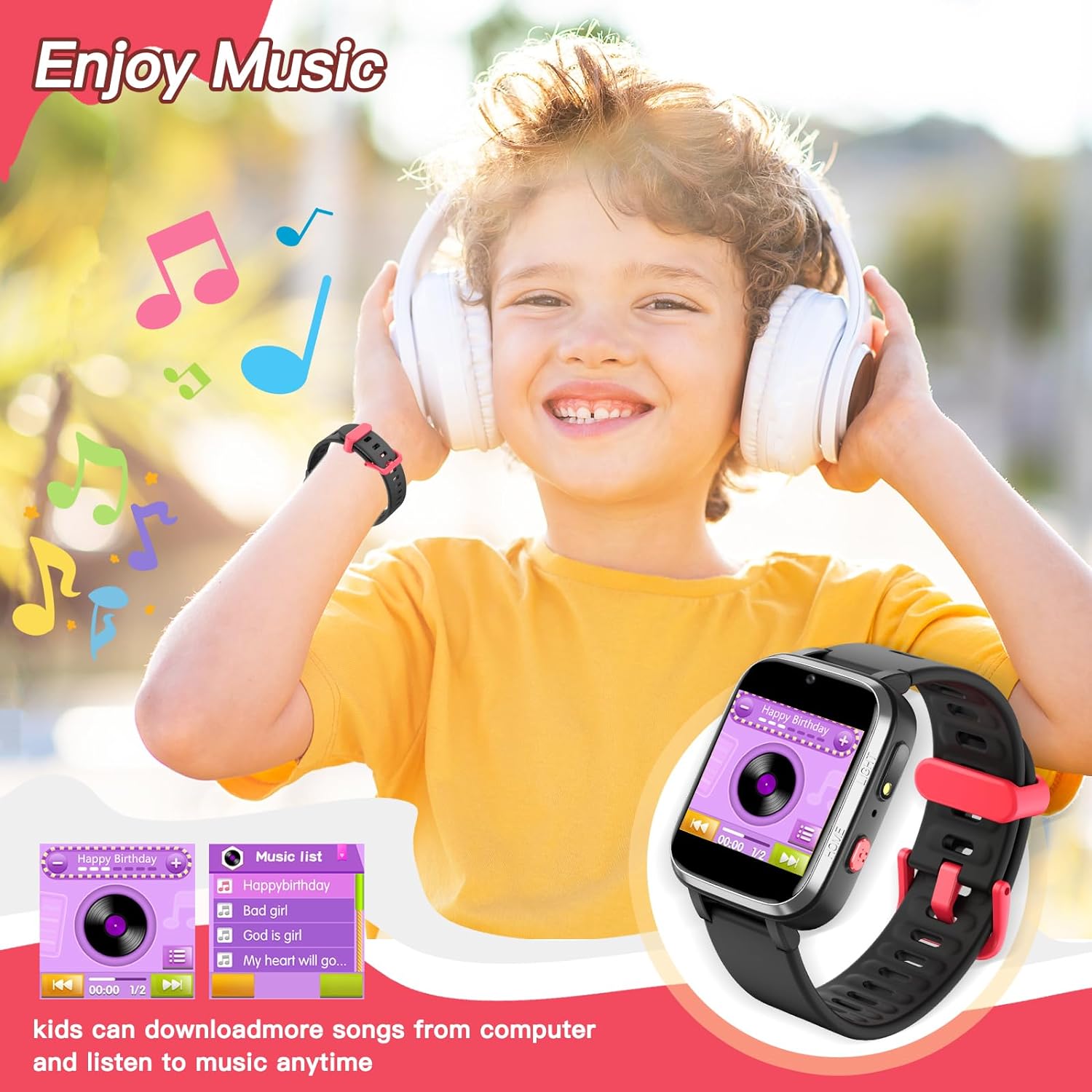 Butele Kids Games Smartwatch MP3 Player Music Watch, Kids Smart Watch with 16 Games, Flashlight,Alarm Clock, Camera, Kids Watch Birthday Gift for Boys Girls 4-16（Black）