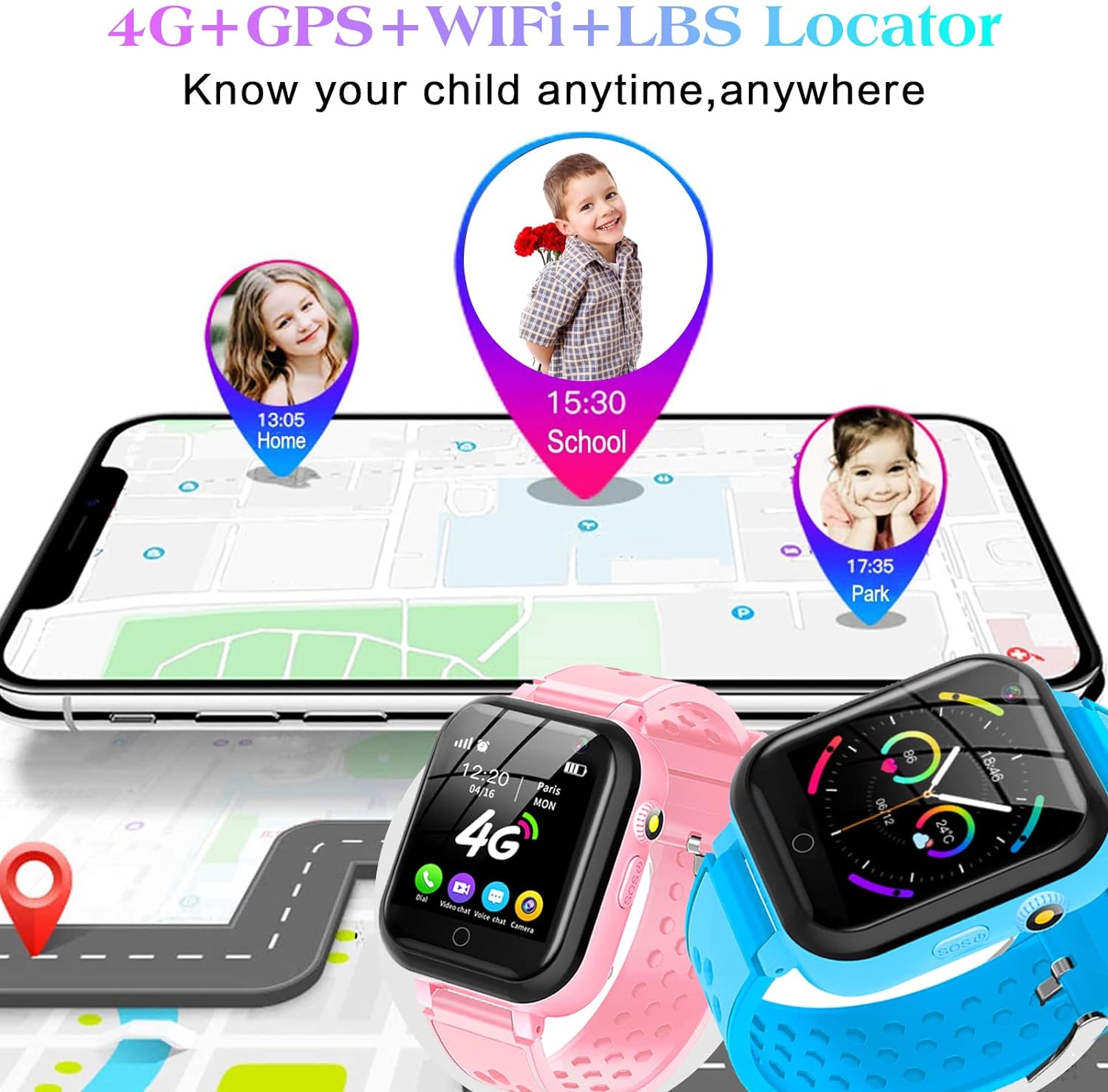 DDIOYIUR Smart Watch for Kids, 4G Kids Phone Smartwatch with GPS Tracker, WiFi, SMS, Call,Voice Video Chat,Bluetooth,Audio Recording,Alarm,Pedometer, Wrist Watch for 4-16 Boys Girls Birthday Gifts