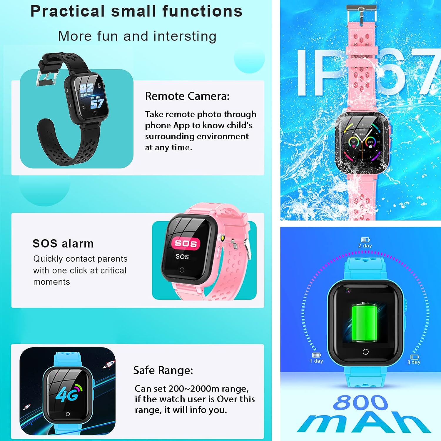 DDIOYIUR Smart Watch for Kids, 4G Kids Phone Smartwatch with GPS Tracker, WiFi, SMS, Call,Voice Video Chat,Bluetooth,Audio Recording,Alarm,Pedometer, Wrist Watch for 4-16 Boys Girls Birthday Gifts