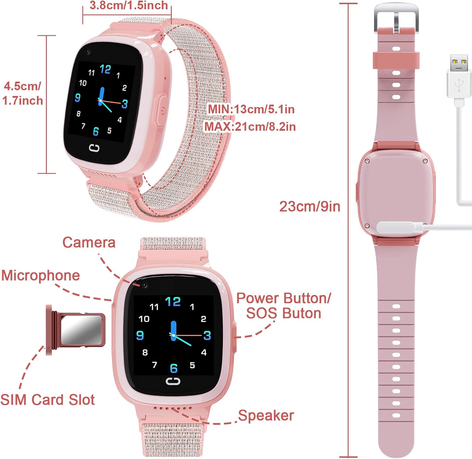 Kids Smart Watch with SIM Card, 4G Kids GPS Watch with Phone Call Text Message WiFi Bluetooth Music Pedometer School Mode Easy-to-Remove Nylon Watch Strap, Wrist Watch for 4-12 Boys Girls