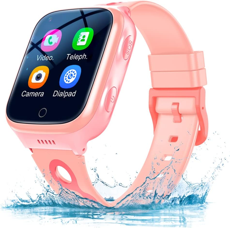 TEZILON 4G GPS Smart Watch Waterproof Phone Video Call SOS Emergency Alarm Voice Message Camera GPS Tracker Watch Real-Time Tracking Geo-Fence Touch Screen Pedometer Anti-Lost Gift Pink